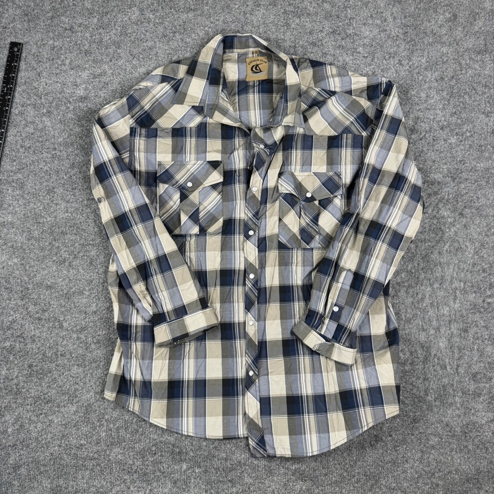 Coevals Club Western Shirt Mens XXL Blue Khaki Plaid Pearl Snap Long Sleeve